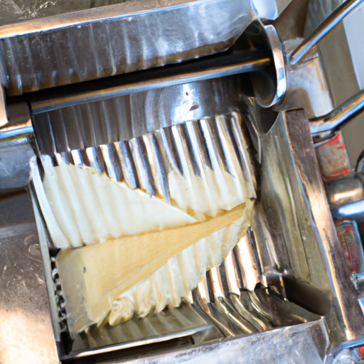 De pastamachine van roestvrij staal staat op een keukenaanrecht met vers bereid deeg ernaast