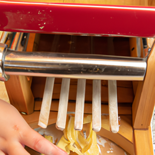 Een hand die verse pasta deeg over de snaren van een houten pastamaker legt