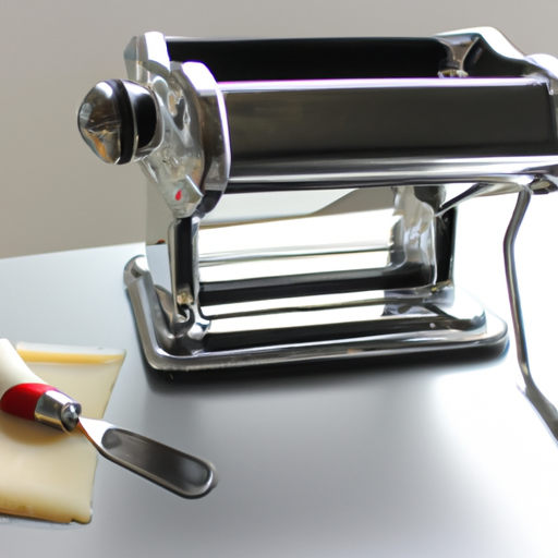 Een keukenmachine op een keukenblad met bevestigde pastamaker