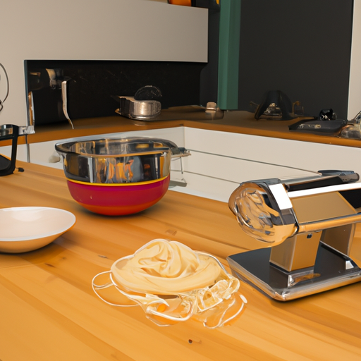 Een moderne keuken met de pastamaker op het aanrecht en versgemaakte spaghetti eromheen