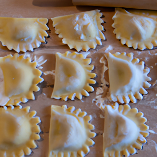 Een opzetstuk voor ravioli naast versgemaakte ravioli op een keukenblad