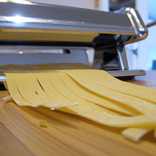 Een pastamachine op een keukentafel met vers gemaakte pasta ernaast