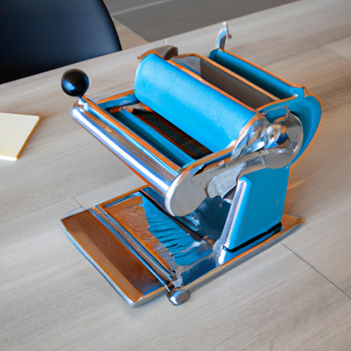 Een poederblauwe pastamachine op een keukentafel met verse pasta