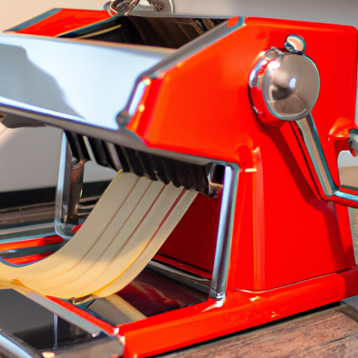 Een rode pastamachine bevestigd aan een keukentafel terwijl er pasta wordt gemaakt
