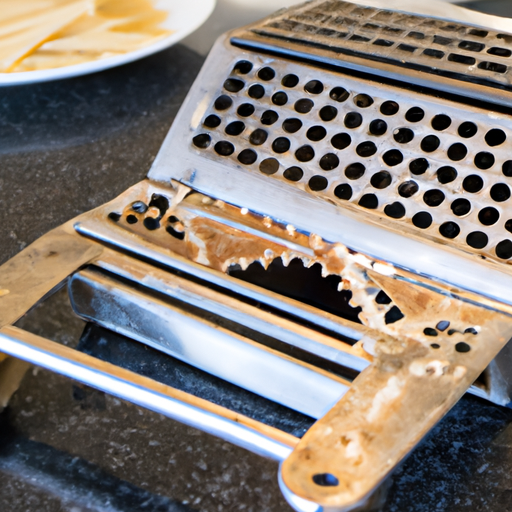 Een roestvrijstalen pastamaker op een keukentafel met de pastasnijder zichtbaar