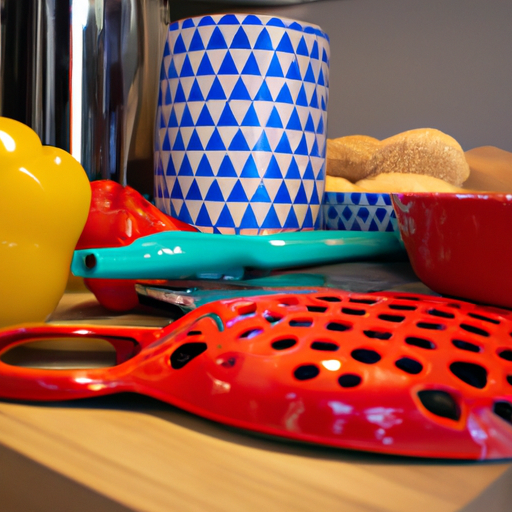 Een verzameling van keukenproducten in de kleuren rood geel en blauw geordend op een keukentafel
