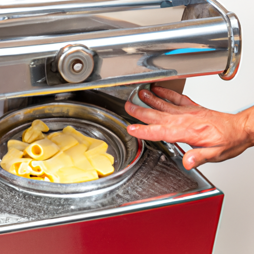 Iemand draait aan de hendel van de pastamachine terwijl verse pasta uit de machine komt